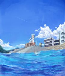  bad_id bad_pixiv_id blue_hair building female highres ikamusume kikiki_(hiya_mikan) landscape long_hair outdoors scenery shinryaku!_ikamusume water 