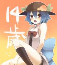  alternate_hair_length alternate_hairstyle bad_id bad_pixiv_id bare_arms bare_shoulders blue_hair blush bow female food frills fruit hat hinanawi_tenshi konbu_ame leaf oerba_yun_fang open_mouth peach red_eyes short_hair sleeveless solo touhou translated 