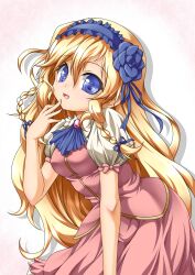  aged_down ascot blonde_hair blue_eyes blue_ribbon bow breasts castlevania:_harmony_of_despair castlevania_(series) commentary_request dress female hair_ribbon hairbow highres long_hair maria_renard medium_breasts open_mouth ribbon roura smile solo 