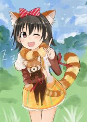  akagi_miria animal_ears black_hair bow brown_eyes commentary_request female hairbow idolmaster idolmaster_cinderella_girls nerotarou one_eye_closed open_mouth outdoors red_panda red_panda_ears red_panda_tail skirt sleeping solo tail zzz 