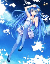  bare_shoulders blue_eyes blue_hair blue_pantyhose female hair_ornament hitsukuya jigsaw_puzzle long_hair looking_at_viewer original pantyhose puzzle shoes smile solo very_long_hair 