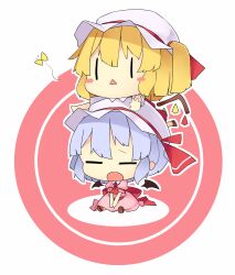  2girls :&lt; :o =_= bat_wings blonde_hair blue_hair blush_stickers bow bug butterfly chibi chibi_on_head closed_eyes commentary_request detached_wings flandre_scarlet hairbow hat hat_bow hat_ribbon long_hair mikan_(bananoha) mob_cap multiple_girls on_head open_mouth outline person_on_head puffy_short_sleeves puffy_sleeves remilia_scarlet ribbon short_hair short_sleeves side_ponytail touhou triangle_mouth wings yellow_butterfly |_| 