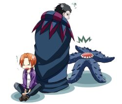  &gt;_&lt; 2boys bad_id bad_pixiv_id black_hair chibi closed_eyes fate/zero fate_(series) gilles_de_rais_(caster)_(fate) jacket kubyou_azami male_focus monster multiple_boys orange_hair purple_jacket shoggoth tentacle uryuu_ryuunosuke 