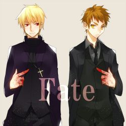  2boys blonde_hair blood brown_hair commentary_request cosplay cross emiya_kiritsugu emiya_kiritsugu_(cosplay) emiya_shirou fate/stay_night fate/zero fate_(series) gilgamesh_(fate) haine_(howling) kotomine_kirei kotomine_kirei_(cosplay) long_coat male_focus multiple_boys necktie pointing red_eyes yellow_eyes 