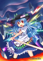  blue_hair blush commentary_request female food frills fruit hat hinanawi_tenshi leaf long_hair looking_at_viewer open_mouth peach photoshop_(medium) rando_seru red_eyes rock short_sleeves solo sword sword_of_hisou touhou weapon 