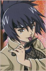  blue_hair brown_eyes coat fishnet fishnets headband jewelry kunai licking licking lowres mitarashi_anko naruto necklace tongue weapon 