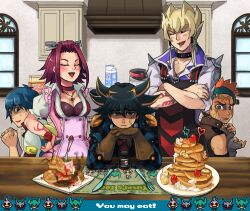  4boys annoyed apron bad_food blackwing_gale_the_whirlwind blonde_hair blue_hair breasts bruno_(yu-gi-oh!) cleavage commentary_request crossed_arms crow_hogan dark_resonator duel_monster earrings english_text female fingerless_gloves flower food fork fruit fudo_yusei gloves hands_on_own_hips izayoi_aki jack_atlas jacket jewelry kitchen knife mayday medium_breasts milk multicolored_hair multiple_boys necklace orange_hair photoshop_(medium) red_flower red_hair red_rose rose scared short_hair sonic_chick spiked_hair strawberry streaked_hair sweatdrop tattoo yu-gi-oh! yu-gi-oh!_5d&#039;s 