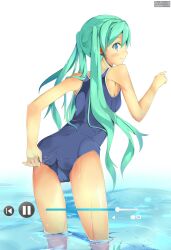  adjusting_clothes adjusting_swimsuit aqua_eyes aqua_hair bad_id bad_pixiv_id bare_shoulders byte_(allbyte) female from_behind hatsune_miku headset highres long_hair looking_back one-piece_swimsuit school_swimsuit solo swimsuit twintails very_long_hair vocaloid 