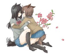  2girls animal_ears black_hair black_legwear blush bow brown_hair commentary_request dog_ears dog_tail flower inutose kneehighs multiple_girls original pleated_skirt school_uniform skirt socks sweater tail yuri 