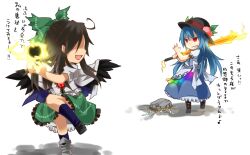  2girls ahoge bad_id bad_pixiv_id baseball bird_wings blue_hair bow brown_hair cape food frills fruit green_bow green_skirt grin hairbow hat highres hinanawi_tenshi keystone leaf long_hair long_skirt multiple_girls mundane_utility peach red_eyes reiuji_utsuho rock rope short_sleeves simple_background skirt smile sword sword_of_hisou third_eye touhou toutenkou translated very_long_hair weapon wings 