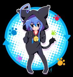  acchi_kocchi ahoge animal_ears blue_hair blush collar cosplay fake_animal_ears highres hood huge_ahoge kigurumi long_hair miniwa_tsumiki purple_eyes solo tail 