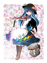  blue_hair bow chamupei commentary_request cross-laced_footwear female food fruit hat highres hinanawi_tenshi keystone leaf long_hair one_eye_closed orange_eyes peach photoshop_(medium) rope short_sleeves smile solo sword sword_of_hisou touhou very_long_hair weapon 