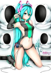  aqua_eyes aqua_hair armpits ayase_tamaki bad_id bad_pixiv_id boots character_name detached_sleeves female hatsune_miku headphones knee_boots kneehighs kneeling long_hair navel socks solo speaker twintails very_long_hair vocaloid 