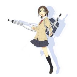  amputee brown_hair crutches school_uniform schoolbag short_skirt smile 