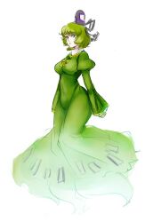  commentary_request dress female ghost_tail green_dress green_eyes green_hair hat kitayuki_kajika short_hair simple_background soga_no_tojiko solo tate_eboshi touhou 