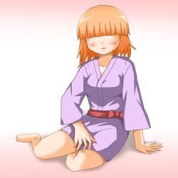  acchi_kocchi barefoot blush japanese_clothes japanese_clothing katase_mayoi kimono orange_hair short_hair solo yukata 