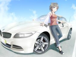  arm_support bad_id bad_pixiv_id blue_eyes bmw bmw_z4 car cloud collarbone day denim female foreshortening grey_hair jacket jacket_on_shoulders lace light_smile looking_at_viewer mole mole_under_eye motor_vehicle no_socks original photoshop_(medium) shintani_kyou shoes short_hair sky solo sports_car sunglasses tank_top vehicle_focus 