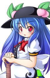  bad_id bad_pixiv_id blue_hair blush bow female food fruit hat hinanawi_tenshi leaf long_hair looking_at_viewer open_mouth peach red_eyes shinjitsu short_sleeves simple_background solo touhou very_long_hair 