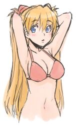  armpits arms_behind_head arms_up bad_id bad_pixiv_id bikini bikini_top_only blue_eyes blush breasts cleavage female ha-ru hair_ornament long_hair looking_at_viewer medium_breasts navel neon_genesis_evangelion open_mouth orange_hair photoshop_(medium) simple_background solo souryuu_asuka_langley swimsuit 