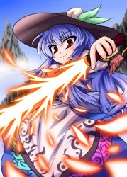  blue_hair bow commentary_request female food fruit fue_(fuef) hat hinanawi_tenshi leaf long_hair long_skirt mountain peach red_eyes skirt smile solo sword sword_of_hisou touhou very_long_hair weapon 