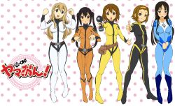  5girls absurdres akiyama_mio belt black_bodysuit black_eyes black_hair blonde_hair blue_bodysuit bodysuit boots brown_eyes brown_hair commentary_request cosplay electric_screwdriver embarrassed grin hair_ornament hairband hairclip highres hirasawa_yui iwasan k-on! kotobuki_tsumugi lineup logo long_hair md5_mismatch multiple_girls nakano_azusa open_mouth orange_bodysuit parody pigeon-toed polka_dot polka_dot_background raised_fists round_teeth short_hair smile standing sweatdrop tainaka_ritsu teeth thumbs_up tools twintails uchuu_senkan_yamato uchuu_senkan_yamato_2199 white_bodysuit yellow_bodysuit yellow_eyes 