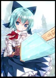  armor blue_bow blue_eyes blue_hair border bow bowtie breastplate cirno commentary_request female food gauntlets grin hairbow holding kiira looking_at_viewer oversized_object photoshop_(medium) popsicle red_bow red_bowtie smile solo touhou translated 