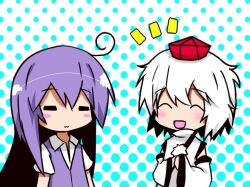  2girls acchi_kocchi ahoge artist_request blush blush_stickers closed_eyes crossover hat inubashiri_momiji long_hair miniwa_tsumiki multiple_girls open_mouth purple_hair short_hair touhou white_hair 