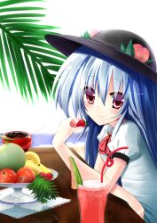  apple bad_id bad_pixiv_id banana blue_hair blush bow chocolate dx_(dekusu) female food fruit hat hinanawi_tenshi juice leaf long_hair peach plate purple_eyes short_sleeves smile solo strawberry table touhou 