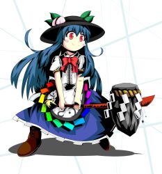  bad_id bad_pixiv_id blue_hair blush_stickers bow cross-laced_footwear female food frills fruit hat highres hinanawi_tenshi keystone leaf long_hair long_skirt nesedeo peach red_eyes rock rope short_sleeves skirt solo stance sword sword_of_hisou touhou very_long_hair weapon 