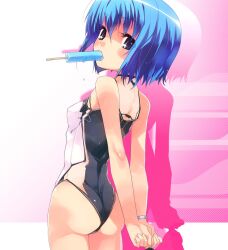  arms_behind_back ass bad_link blue_eyes blue_hair casual_one-piece_swimsuit cropped dlsite.com duplicate elle_sweet female food food_in_mouth highres looking_back mouth_hold one-piece_swimsuit photoshop_(medium) pink_background popsicle refeia short_hair solo swimsuit 