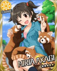  ;d akagi_miria animal artist_request black_hair brown_eyes card_(medium) character_name female idolmaster idolmaster_cinderella_girls official_art one_eye_closed open_mouth red_panda sitting skirt smile solo sun_symbol two_side_up 