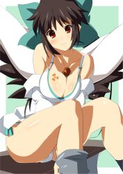  bare_legs bare_shoulders black_hair black_wings blush bow bra breasts cleavage commentary_request female green_bow hairbow large_breasts long_hair looking_at_viewer no_pants off_shoulder panties pantyshot radiation_symbol red_eyes reiuji_utsuho shin&#039;ya_(nanp) side-tie_panties sitting smile solo tattoo third_eye touhou underwear v_arms white_bra wings 