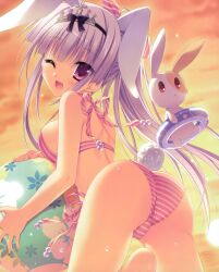  :d ;d absurdres animal_ears ass ball bare_shoulders beachball bikini female hatsuyuki_sakura highres innertube light_purple_hair long_hair looking_back moribe_(rabumanyo) one_eye_closed open_mouth ponytail purple_eyes rabbit rabbit_ears side-tie_bikini_bottom smile solo strap_gap striped_bikini striped_clothes swim_ring swimsuit tamaki_sakura 