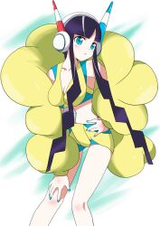  bad_id bad_pixiv_id bare_legs black_hair blue_eyes coat elesa_(pokemon) female fur_coat headphones long_hair massala midriff nail_polish pokemon pokemon_bw2 sidelocks solo very_long_hair 