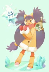  &gt;_&lt; :d axew bad_id bad_pixiv_id big_hair blush closed_eyes coat crystal earmuffs fur_trim gen_5_pokemon hairband ice iris_(pokemon) leg_warmers long_hair mei_(maysroom) mittens open_mouth pantyhose pokemon pokemon_(creature) pokemon_(game) pokemon_bw scarf smile two_side_up vanillish very_long_hair 