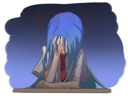  aqua_hair blue_hair commentary_request facepalm female gloom_(expression) hinanawi_tenshi ichiyan long_hair multicolored_hair necktie short_sleeves solo touhou two-tone_hair very_long_hair 