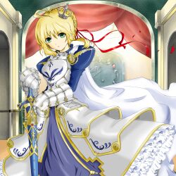  :o adapted_costume ahoge armor armored_dress artoria_pendragon_(fate) blonde_hair caliburn_(fate) cape commentary_request crown fate/stay_night fate_(series) faulds female frills gauntlets green_eyes hair_ribbon hands_on_hilt highres kiryu_(1003) lion mini_crown photoshop_(medium) puffy_sleeves ribbon saber_(fate) sheath sheathed solo standing sword weapon 