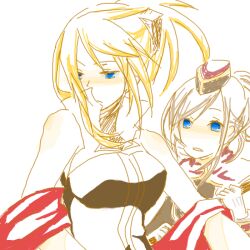  2girls bare_shoulders blonde_hair blue_eyes breasts brown_hair gloves hat legretta multiple_girls scarf tales_of_(series) tales_of_the_abyss tear_grants weapon 