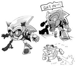  1boy bald dr._eggman facial_hair greyscale gurren jonathan_kim lagann male_focus mecha monochrome moustache parody robot sonic_(series) sonic_the_hedgehog tengen_toppa_gurren_lagann 