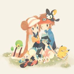  1boy alternate_color animal animal_on_head bag blue_eyes bow brown_background brown_eyes brown_hair commentary_request double_bun emolga female grass hair_bun hairbow hat holding holding_pokemon jacket long_hair mero_(jiantumelody) nate_(pokemon) on_head on_lap one_eye_closed oshawott pachirisu pikachu poke_ball pokemon pokemon_(creature) pokemon_bw2 pokemon_on_head pokemon_on_lap raglan_sleeves riolu rosa_(pokemon) shiny_pokemon shoes short_hair shorts simple_background sitting sneakers snivy starter_pokemon_trio tepig twintails visor_cap 