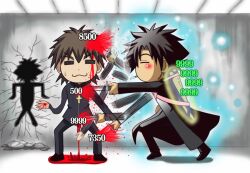  2boys :3 =_= avalon_(fate/stay_night) black_hair blood brown_hair cigarette commentary_request cross emiya_kiritsugu fate/zero fate_(series) fighting gameplay_mechanics knife kotomine_kirei miruno multiple_boys photoshop_(medium) spoilers stab 