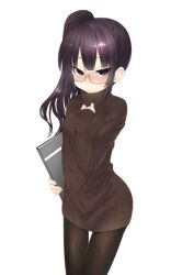  bad_id bad_pixiv_id black_hair black_pantyhose blush breasts brown_eyes dancho_(dancyo) dress female glasses hand_on_own_chest long_hair original pantyhose ribbed_sweater side_ponytail simple_background sleeves_past_wrists small_breasts solo sweater sweater_dress thigh_gap turtleneck white_background 