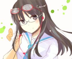  bespectacled black_eyes black_hair earbuds earphones female glasses long_hair minakami_mai momocotaro nichijou red-framed_glasses red_glasses rimless_glasses school_uniform serafuku simple_background smile solo white_background 