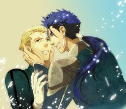  2boys ^_^ bad_id bad_pixiv_id blonde_hair blue_eyes blue_hair cheek_squash closed_eyes cu_chulainn_(fate) cu_chulainn_(fate/stay_night) earrings fate/stay_night fate/zero fate_(series) gloves highres hogehoge0710 jewelry kayneth_el-melloi_archibald long_hair male_focus multiple_boys photoshop_(medium) ponytail sweatdrop time_paradox white_gloves 