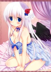  arm_support bad_id bad_pixiv_id black_wings blue_eyes blush border breasts cleavage female flower hair_flower hair_ornament inose_riku lace lace_border long_hair medium_breasts neck_ribbon nightgown on_bed original ornate_border panties pantyshot ribbon shiny_skin sitting smile solo strap_gap underwear v_arms white_hair white_panties wings 