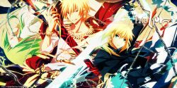  2boys ahoge androgynous ankai_(rappelzankai) artoria_pendragon_(fate) bad_id bad_pixiv_id blonde_hair bracelet chains copyright_name ea_(fate/stay_night) earrings enkidu_(fate) enkidu_(weapon)_(fate) fate/strange_fake fate/zero fate_(series) female gilgamesh_(fate) green_eyes green_hair hair_ribbon jewelry light_green_hair logo long_hair multiple_boys necklace official_alternate_costume ponytail red_eyes ribbon ring saber_(fate) 