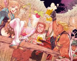  3boys alcohol beard beer blonde_hair borrowed_character brown_hair commentary_request facial_hair female flower food fruit glasses green_eyes hat mamemo_(daifuku_mame) multiple_boys pixiv_fantasia pixiv_fantasia_sword_regalia r-riru_(pixiv_fantasia) sidelocks thighhighs 