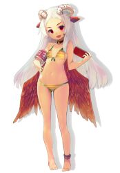  :d armband barefoot bikini choker demon_girl female flat_chest hand_on_own_hip handheld_game_console horns long_hair looking_at_viewer navel oerba_yun_fang open_mouth original red_eyes shirabi simple_background smile solo striped_bikini striped_clothes swimsuit white_background white_hair wings 