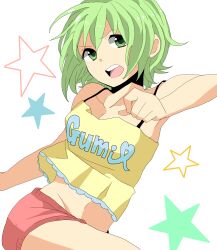  bare_shoulders chatubo female green_eyes green_hair gumi highres navel open_mouth short_hair solo tank_top vocaloid 