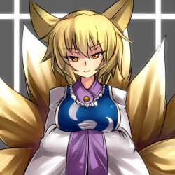  animal_ears blonde_hair breasts commentary_request female fox_ears fox_tail hands_in_opposite_sleeves kimagure_ringo large_breasts long_sleeves looking_at_viewer multiple_tails no_headwear photoshop_(medium) smile solo tail touhou upper_body wide_sleeves yakumo_ran yellow_eyes 